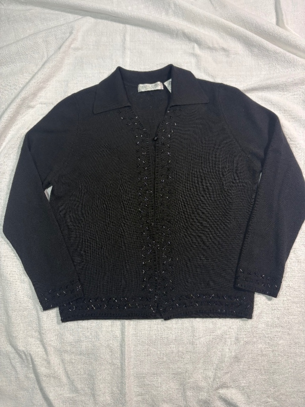Vintage Valerie Stevens Black Wool Beaded Cardigan Sweater XL Gothic Evening